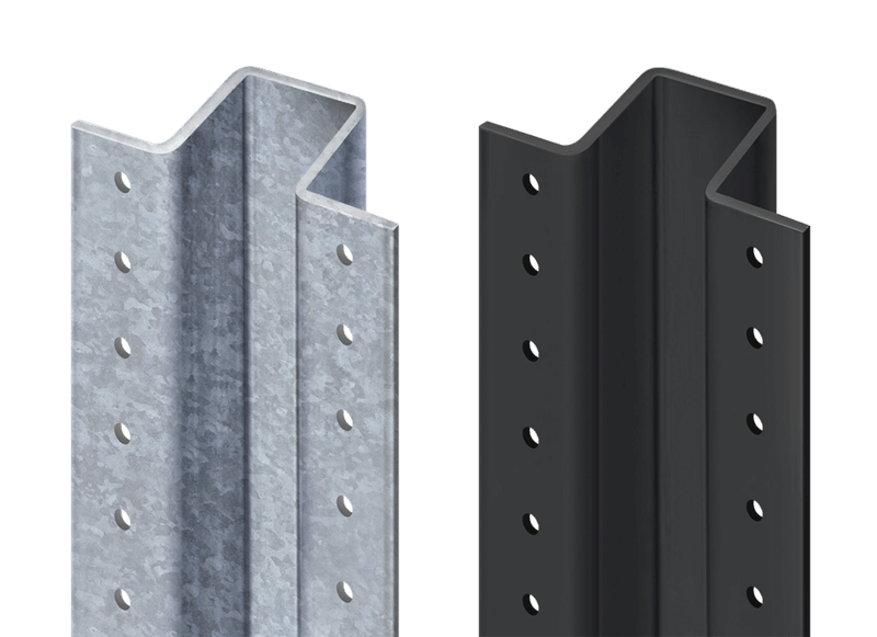 PostMaster steel posts shown in galvanized and black powder-coated finishes