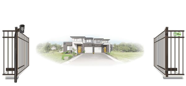 Metal swinging estate gate in open position