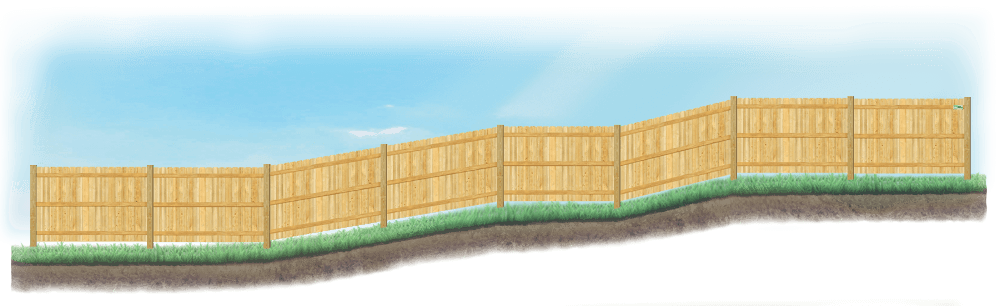 Racked Wood fence on uneven ground