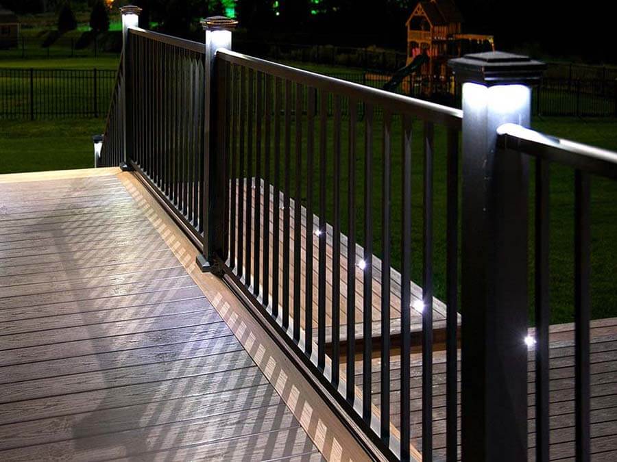 Aluminum railings along a deck with posts that light up in Western PA