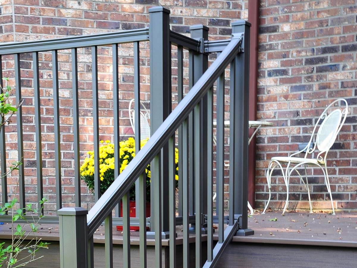 Black aluminum railing installed on a front porch for a home in Western Pennsylvania