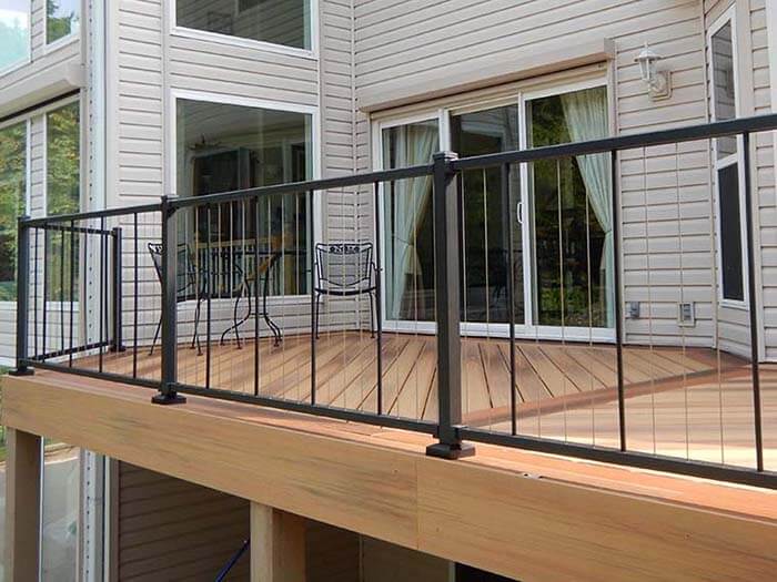 Aluminum railing along an upper deck of a home in Western Pennsylvania