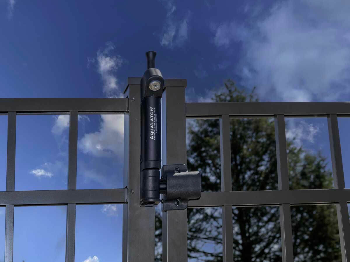 AquaLatch safety lock installed on a metal gate in Western Pennsylvania