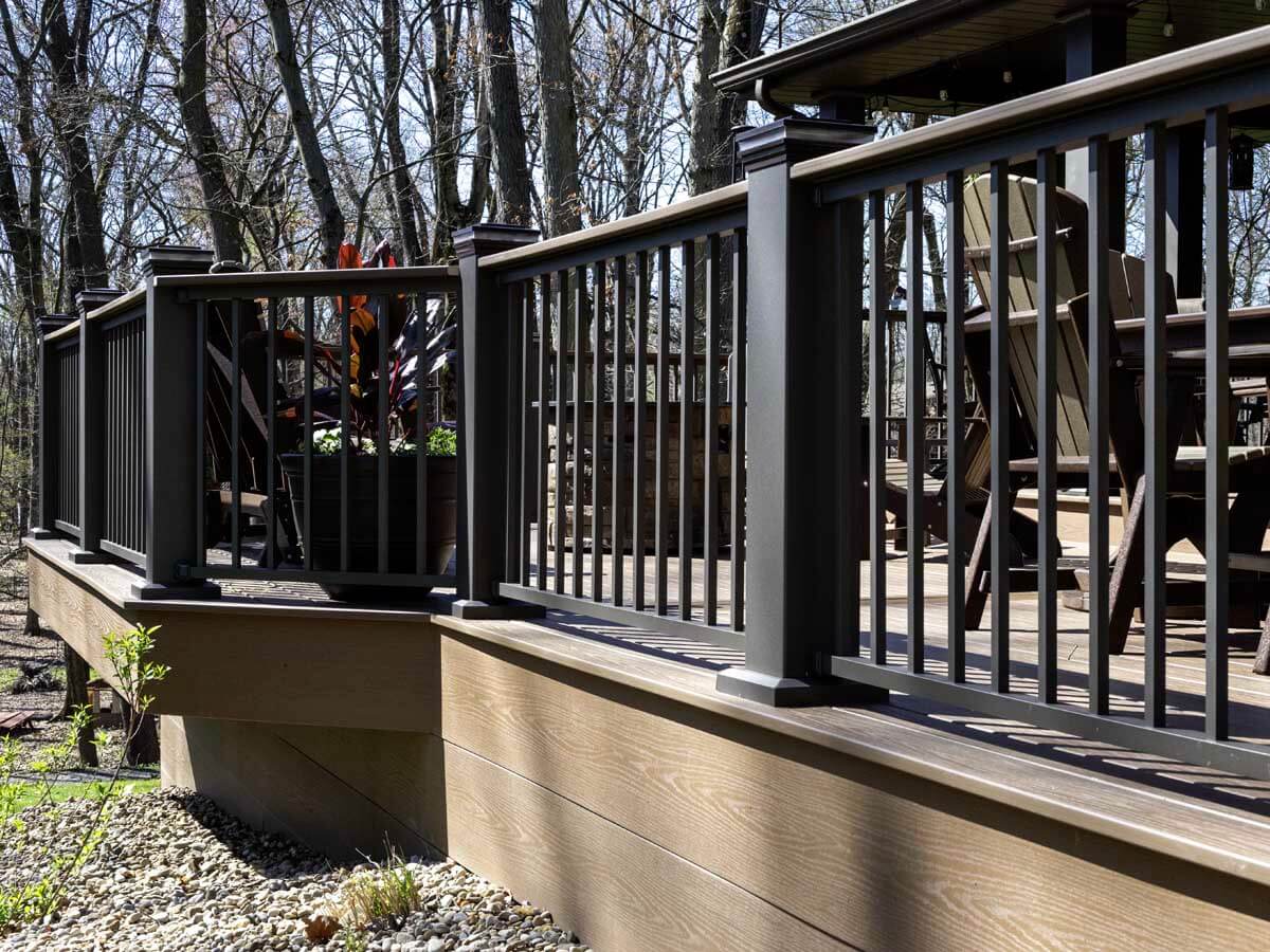 2 rail aluminum railings installed in Western PA along a residential front porch deck