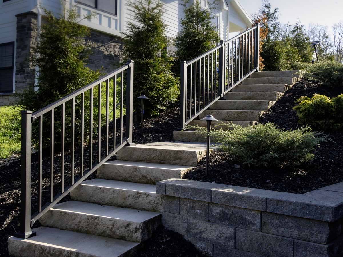 2 rail aluminum railings installed along an outdoor staircase in Western PA
