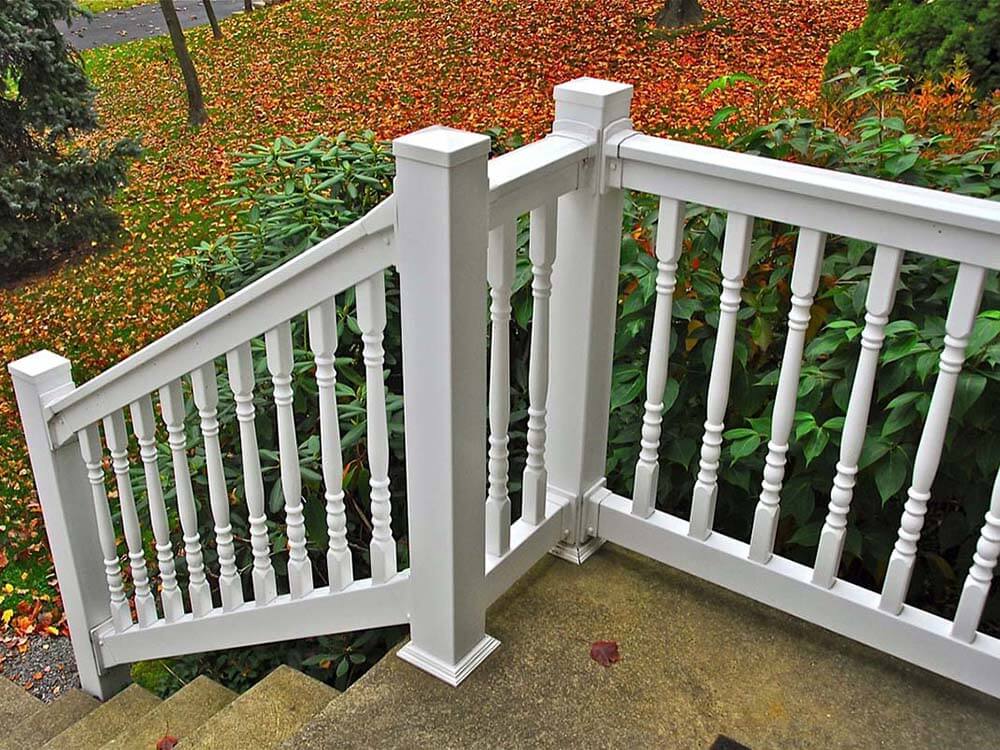 Vinyl fence railing installed for a front porch with stairs in Western Pennsylvania